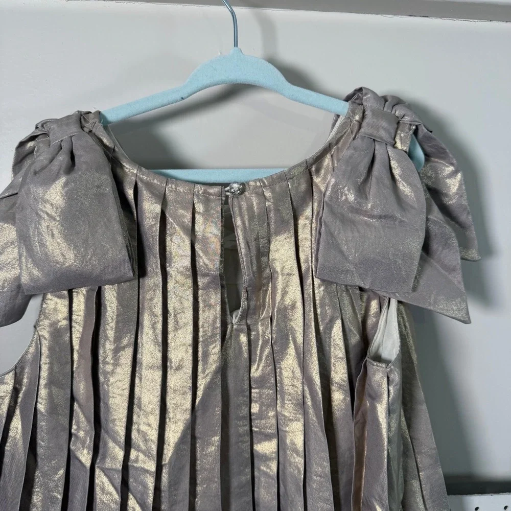 Gymboree Bow Shoulder Pleated Dress Girls Shimmer Gold Lined Sleeveless - 8